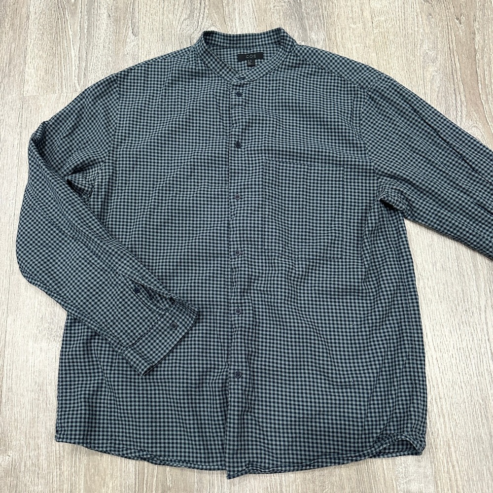COS Shirt Men's XL Gray Ginhgam Checkered Band Collarless Button‎ Flannel Shirt